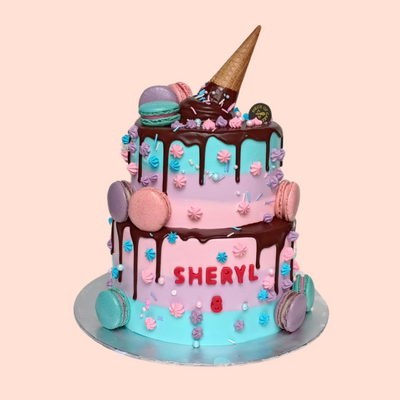 Two-Tier Dreamy Macaron Chocolate Drip Cake